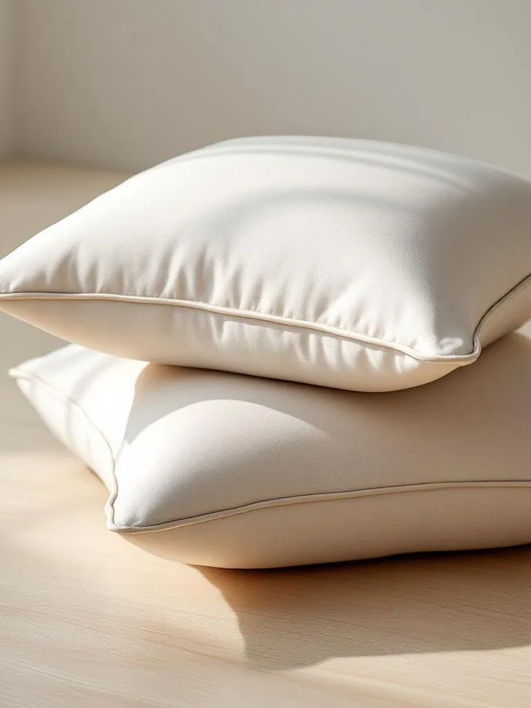 Cushion cover manufacturer Karachi Pakistan showing two stacked cream cotton cushion covers with piped edges, side view